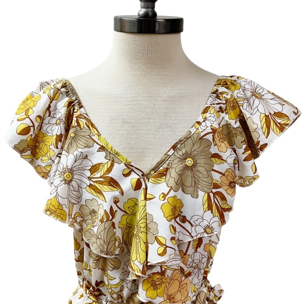 HINT OF BLUSH Tiered Floral Faux Wrap Maxi Dress SMALL Yellow Ruffle Romantic - Picture 2 of 11